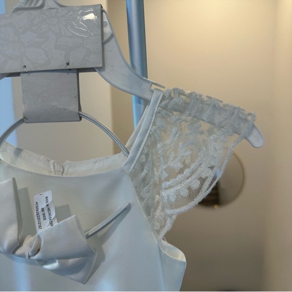 Biscotti Flower Girl White Dress with Lace Shoulders & Matching Bow Headband - Picture 10 of 14